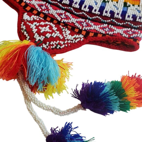 Andean Chullo Hat “Alpaca Road” – Hand-Beaded Beanie with Rainbow Tassels, Gift - Picture 3 of 3